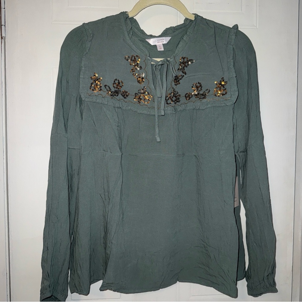 LC Lauren Conrad Olive Embellished Blouse